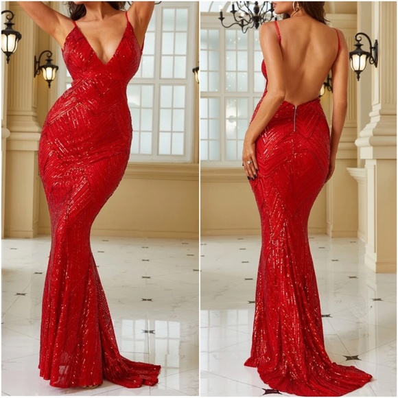 Mermaid Sequin Backless Short Sleeve Prom Dress